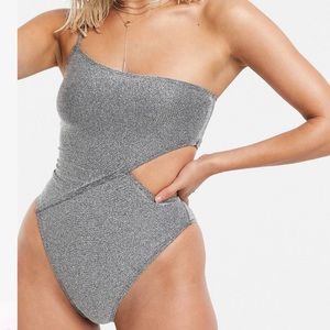 Metallic silver glitter high leg cut out swimsuit